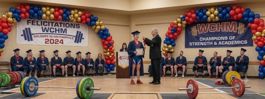 Un haltérophile maître en toge et mortier reçoit une médaille lors d’une cérémonie de remise des diplômes sur le thème de l’haltérophilie, entouré d’autres haltérophiles assis en toge et mortier, avec des arches de ballons et des barres chargées installées pour la compétition