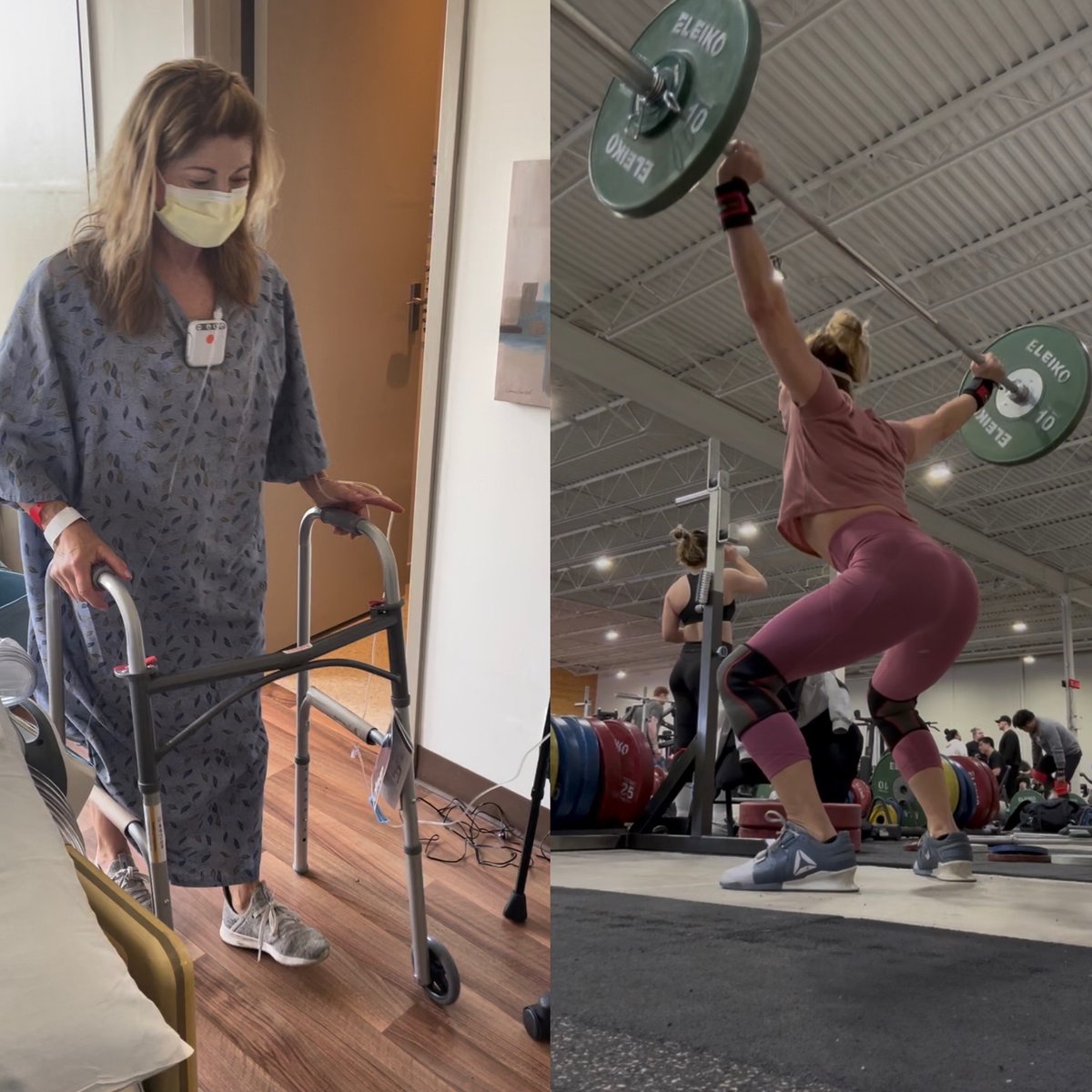 Two photos side by side: Shawana Kaminski walking with a hospital walker in a gown and mask, and the same lifter catching a snatch overhead in a training hall.